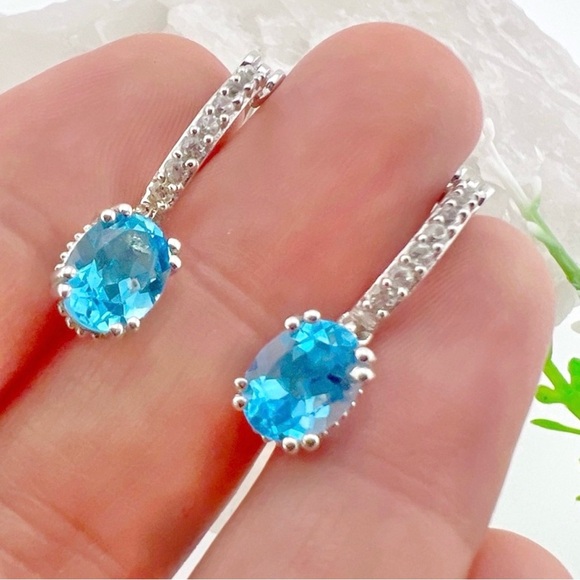 Jewelry - Solid Sterling Silver 925 Blue Topaz and Quartz Gemstone Dangle Hoop Earrings